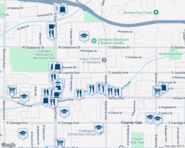 map of restaurants, bars, coffee shops, grocery stores, and more near 150 West Juanita Avenue in Glendora