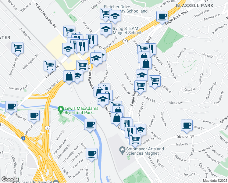 map of restaurants, bars, coffee shops, grocery stores, and more near 2626 West Avenue 31 in Los Angeles