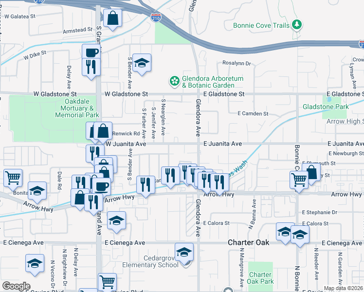 map of restaurants, bars, coffee shops, grocery stores, and more near 1603 South Danehurst Avenue in Glendora
