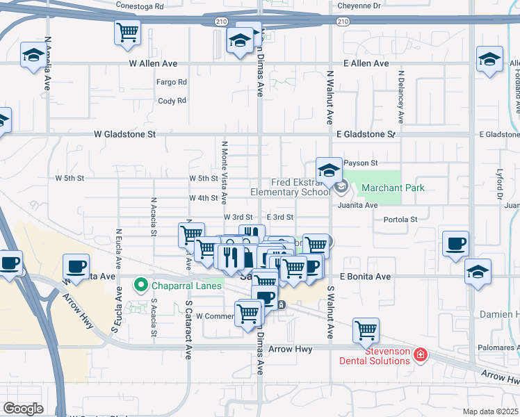 map of restaurants, bars, coffee shops, grocery stores, and more near 311 North San Dimas Avenue in San Dimas
