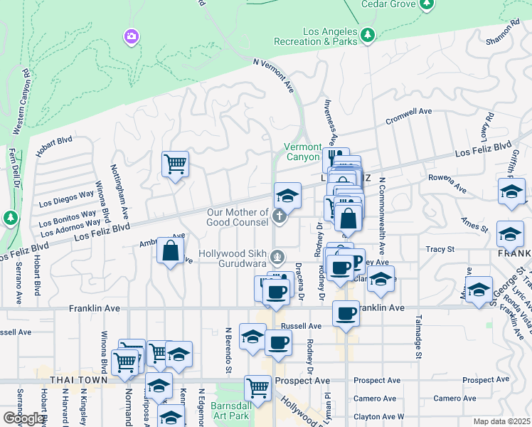 map of restaurants, bars, coffee shops, grocery stores, and more near 4711 Ambrose Avenue in Los Angeles