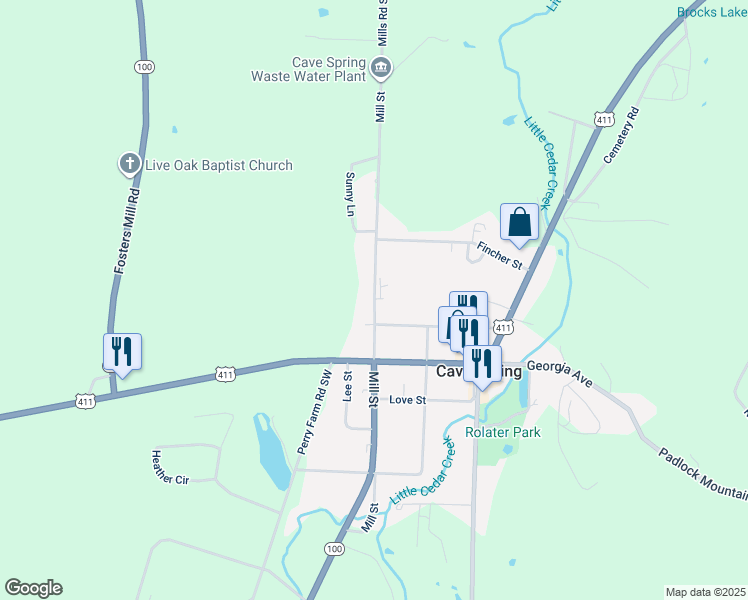 map of restaurants, bars, coffee shops, grocery stores, and more near Mill Street in Cave Spring