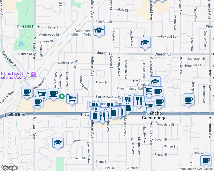 map of restaurants, bars, coffee shops, grocery stores, and more near 7921 Onyx Court in Rancho Cucamonga