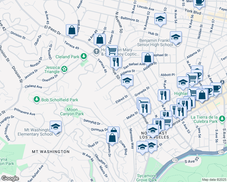 map of restaurants, bars, coffee shops, grocery stores, and more near 4824 San Marcos Place in Los Angeles