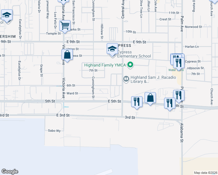 map of restaurants, bars, coffee shops, grocery stores, and more near 26797 6th Street in Highland