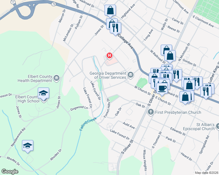 map of restaurants, bars, coffee shops, grocery stores, and more near 145 Forest Avenue in Elberton