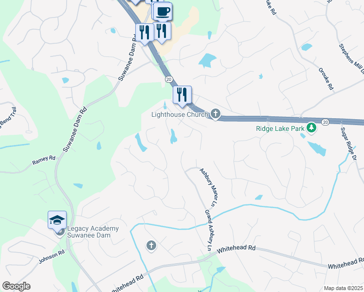 map of restaurants, bars, coffee shops, grocery stores, and more near 624 Grand Ashbury Lane in Buford