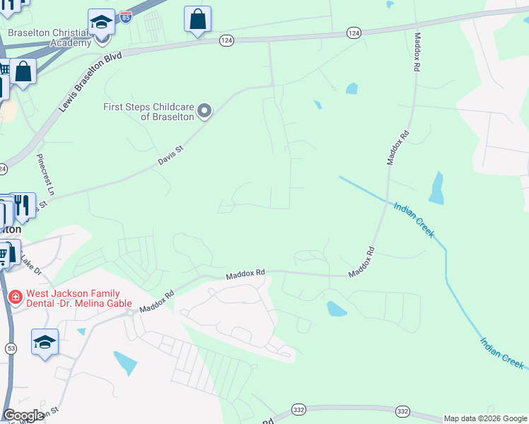 map of restaurants, bars, coffee shops, grocery stores, and more near 523 Traminer Way in Braselton