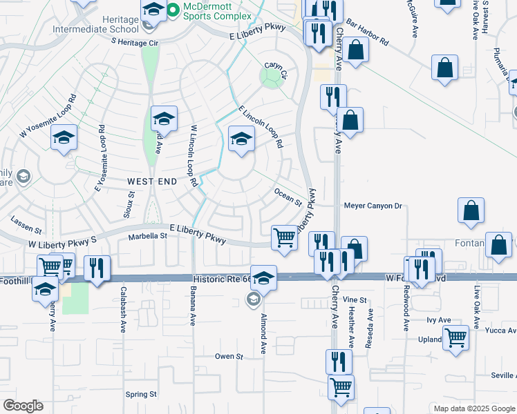 map of restaurants, bars, coffee shops, grocery stores, and more near 14212 Point Loma Street in Fontana