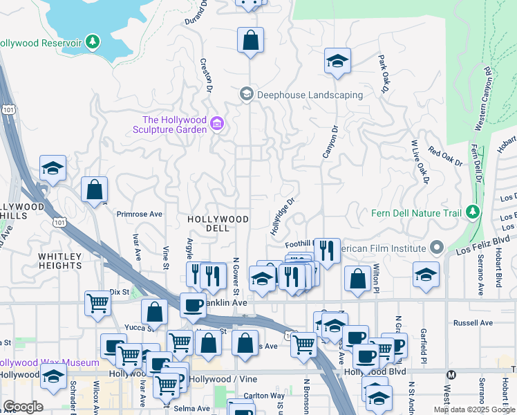 map of restaurants, bars, coffee shops, grocery stores, and more near 2200 North Beachwood Drive in Los Angeles