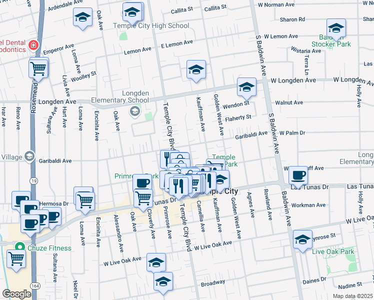 map of restaurants, bars, coffee shops, grocery stores, and more near 6053 Camellia Avenue in Temple City