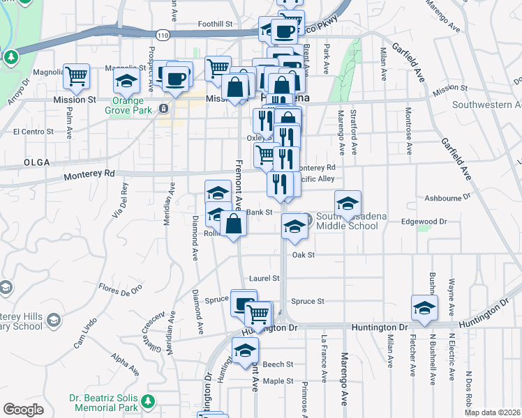 map of restaurants, bars, coffee shops, grocery stores, and more near 1430 Bank Street in South Pasadena