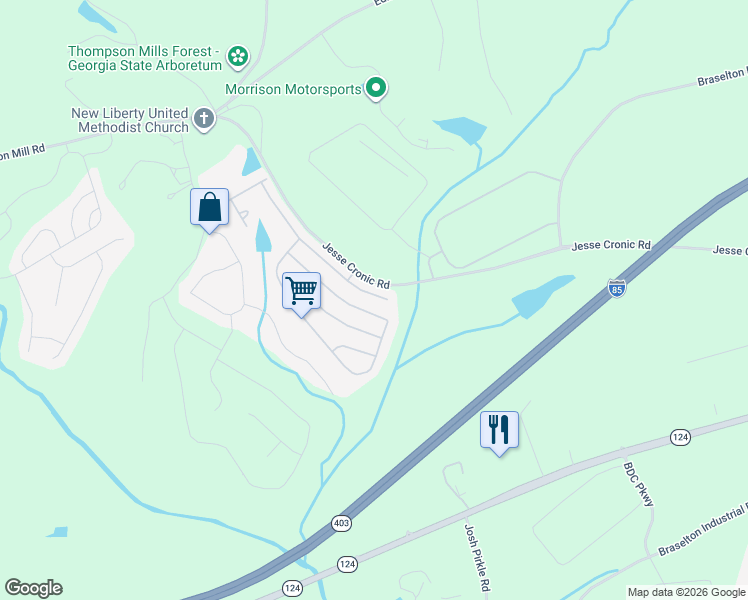 map of restaurants, bars, coffee shops, grocery stores, and more near 402 Franklin Street in Braselton