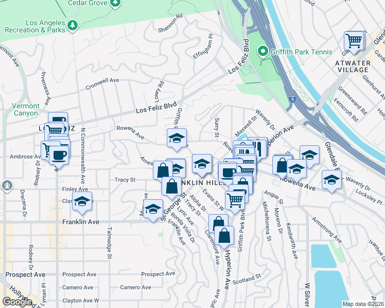 map of restaurants, bars, coffee shops, grocery stores, and more near 3114 Griffith Park Blvd in Los Angeles