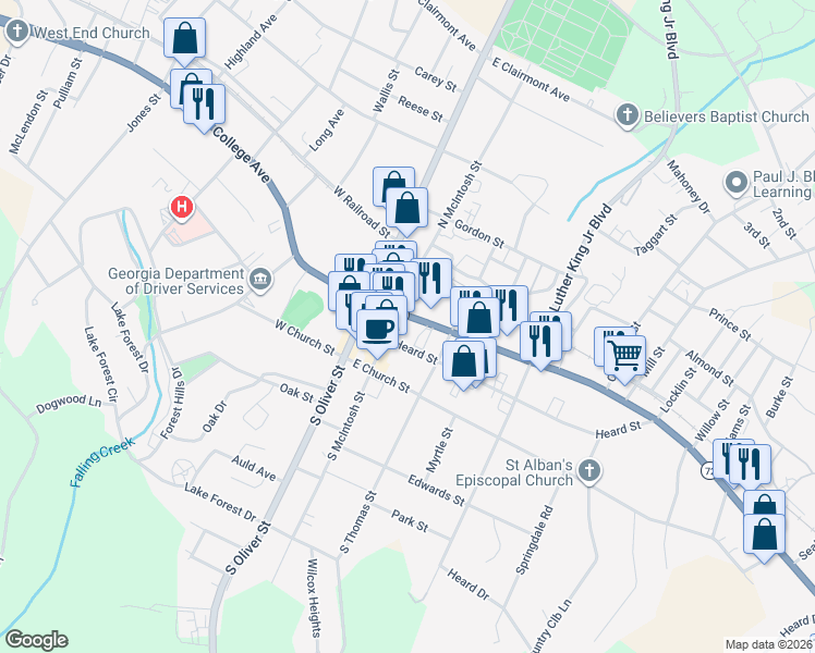 map of restaurants, bars, coffee shops, grocery stores, and more near 4 North McIntosh Street in Elberton