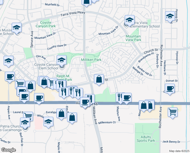 map of restaurants, bars, coffee shops, grocery stores, and more near 11450 Church Street in Rancho Cucamonga