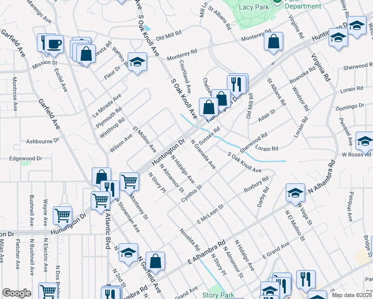 map of restaurants, bars, coffee shops, grocery stores, and more near 1225 North Granada Avenue in Alhambra