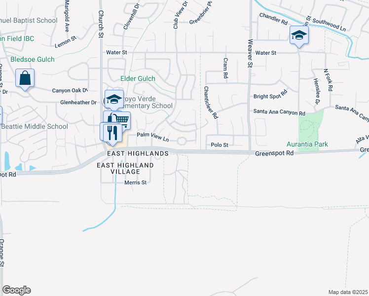 map of restaurants, bars, coffee shops, grocery stores, and more near 29237 Palm View Lane in Highland