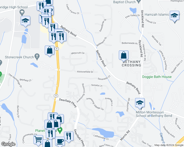 map of restaurants, bars, coffee shops, grocery stores, and more near 695 Astonefield Drive in Alpharetta