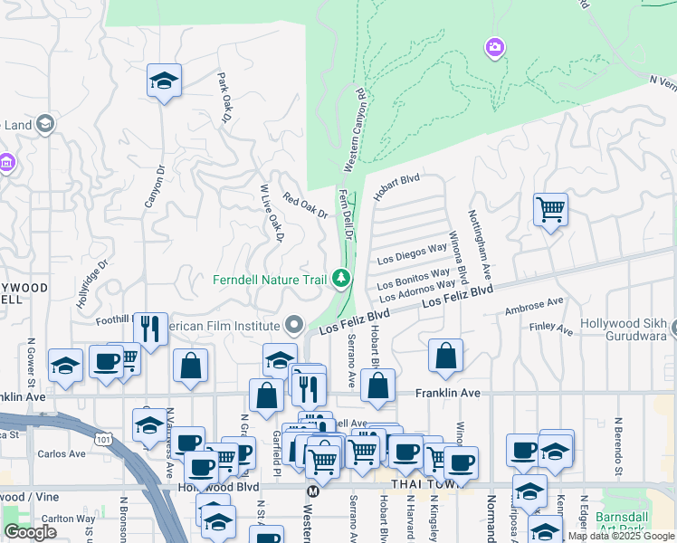 map of restaurants, bars, coffee shops, grocery stores, and more near 2177 Fern Dell Place in Los Angeles