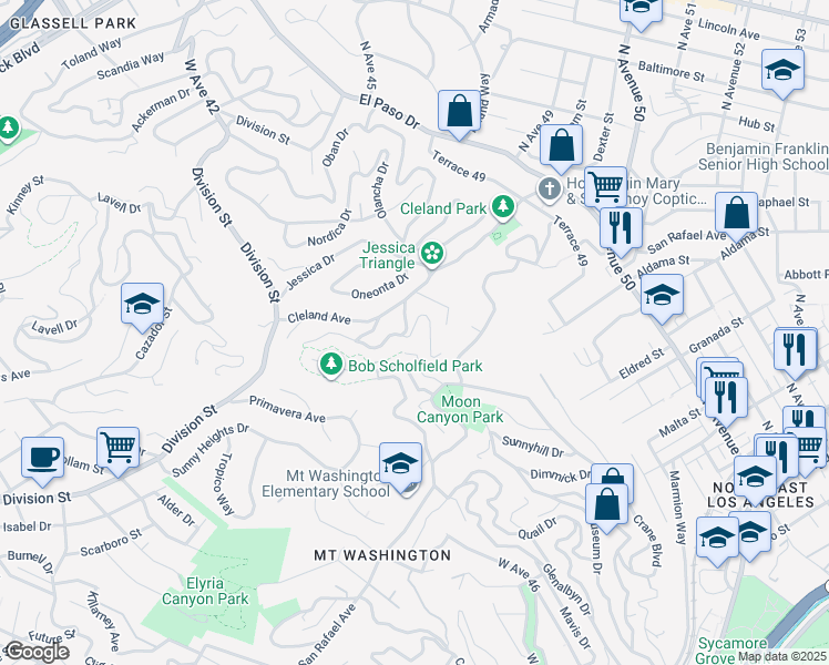 map of restaurants, bars, coffee shops, grocery stores, and more near 4614 San Andreas Avenue in Los Angeles
