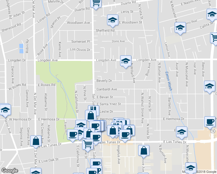 map of restaurants, bars, coffee shops, grocery stores, and more near 8261 Garibaldi Avenue in San Gabriel
