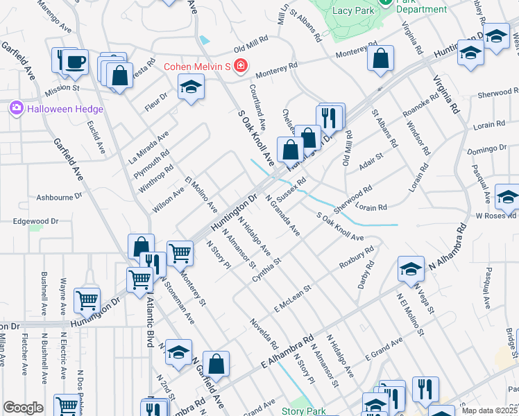 map of restaurants, bars, coffee shops, grocery stores, and more near 1225 North Granada Avenue in Alhambra