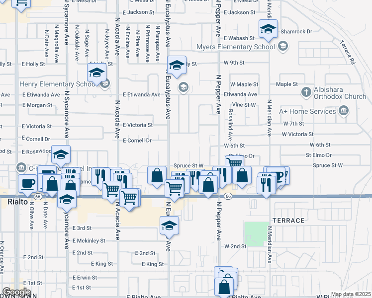 map of restaurants, bars, coffee shops, grocery stores, and more near 584 North Chestnut Avenue in Rialto