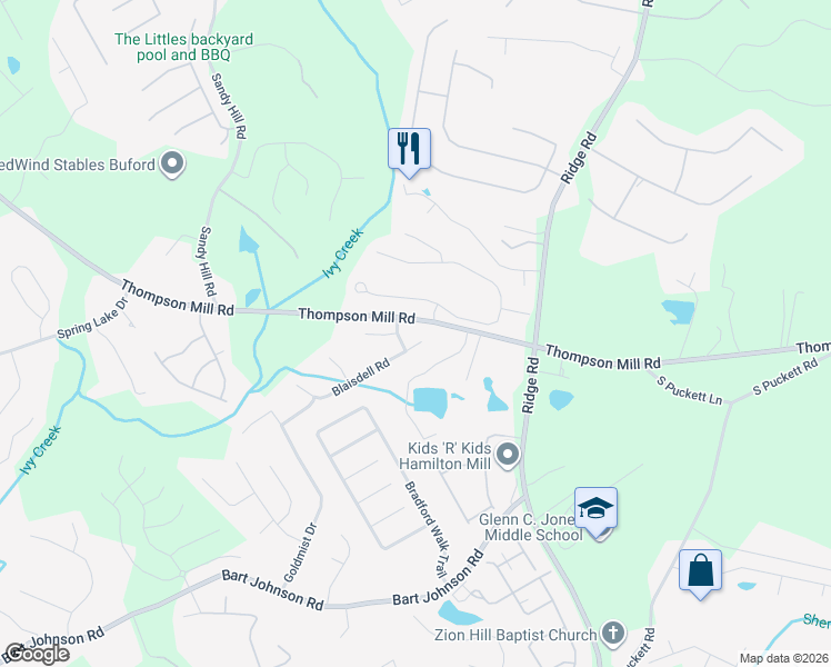 map of restaurants, bars, coffee shops, grocery stores, and more near 3432 Blaisdell Road in Buford