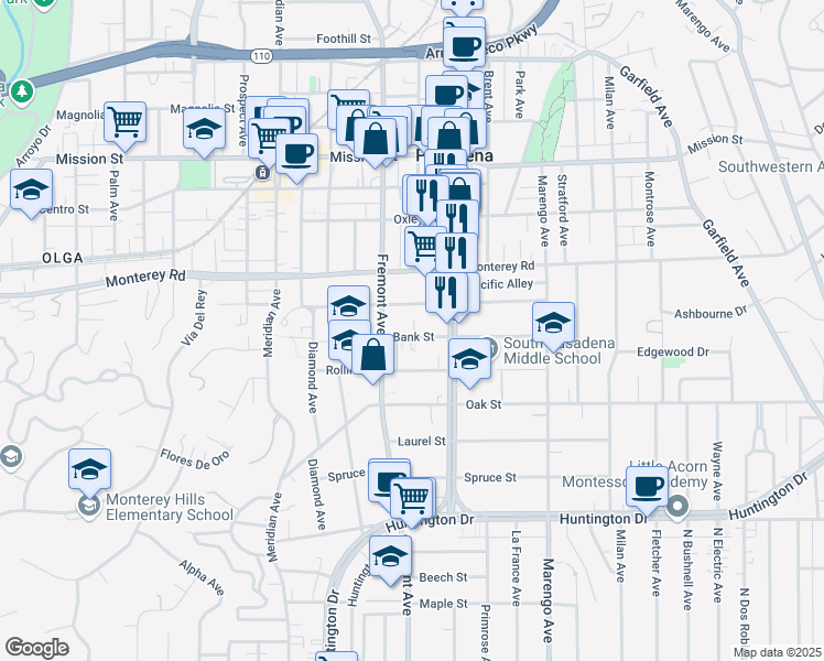 map of restaurants, bars, coffee shops, grocery stores, and more near 1426 Bank Street in South Pasadena