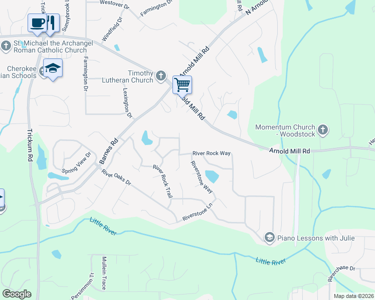 map of restaurants, bars, coffee shops, grocery stores, and more near 4003 River Rock Way in Woodstock
