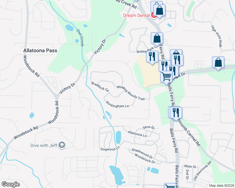 map of restaurants, bars, coffee shops, grocery stores, and more near 1008 Braddock Circle in Woodstock