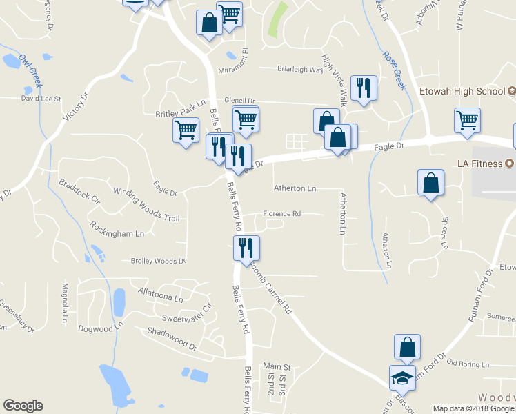 map of restaurants, bars, coffee shops, grocery stores, and more near 22 Florence Road in Woodstock
