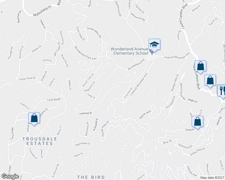 map of restaurants, bars, coffee shops, grocery stores, and more near 8926 Crescent Drive in Los Angeles
