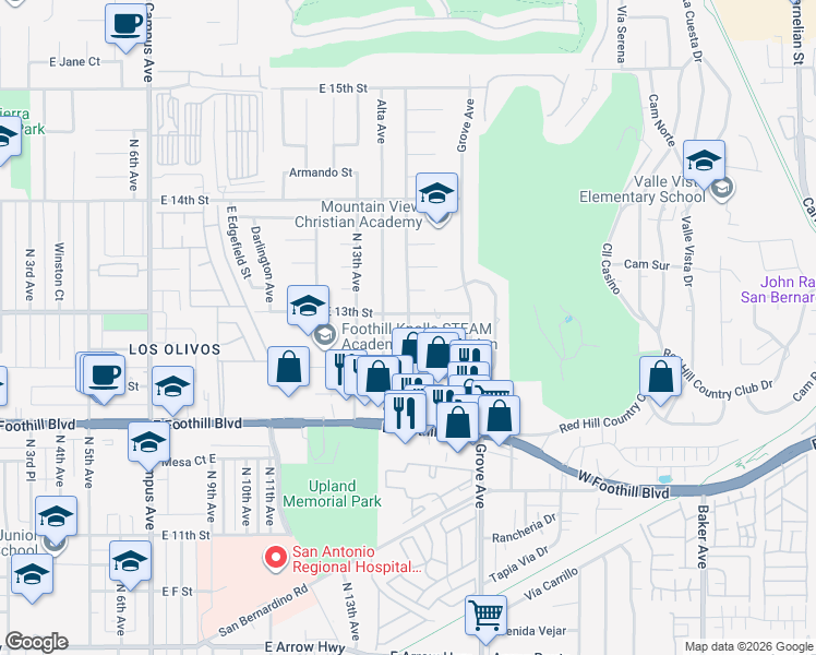 map of restaurants, bars, coffee shops, grocery stores, and more near 1261 North Monte Verde Avenue in Upland