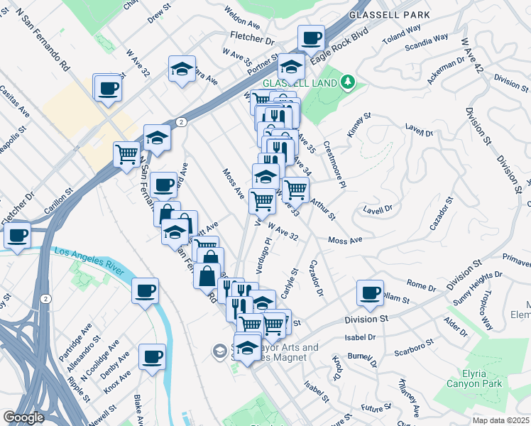 map of restaurants, bars, coffee shops, grocery stores, and more near 3212 Verdugo Road in Los Angeles