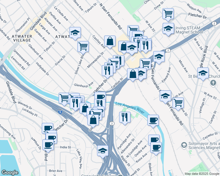 map of restaurants, bars, coffee shops, grocery stores, and more near 2729 Carillon Street in Los Angeles