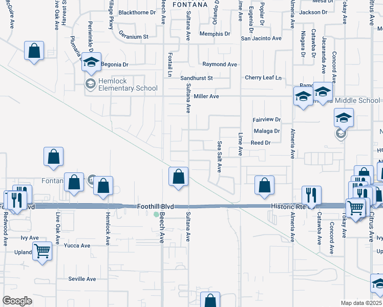map of restaurants, bars, coffee shops, grocery stores, and more near 15457 Red Pepper Place in Fontana