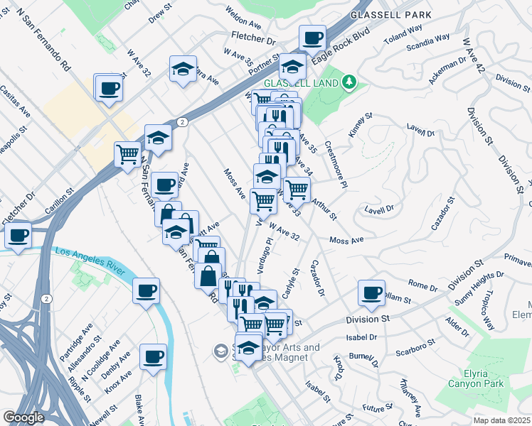 map of restaurants, bars, coffee shops, grocery stores, and more near 3212 Verdugo Road in Los Angeles
