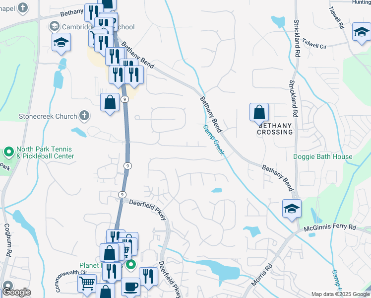 map of restaurants, bars, coffee shops, grocery stores, and more near 645 Astonefield Drive in Alpharetta