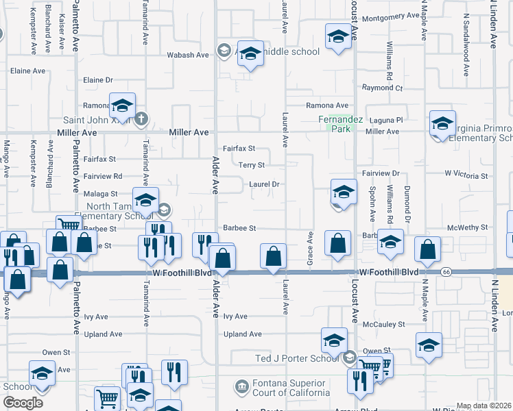 map of restaurants, bars, coffee shops, grocery stores, and more near 17836 Reed Street in Fontana