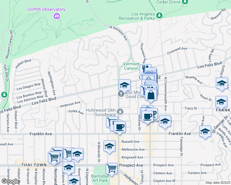 map of restaurants, bars, coffee shops, grocery stores, and more near 4711 Ambrose Avenue in Los Angeles