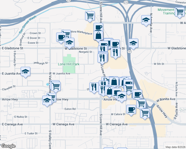 map of restaurants, bars, coffee shops, grocery stores, and more near 1150 West Juanita Avenue in San Dimas