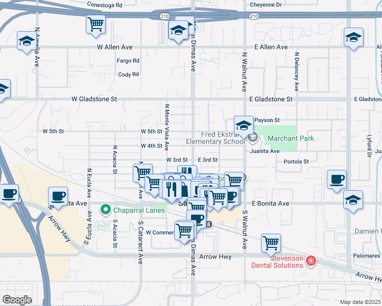 map of restaurants, bars, coffee shops, grocery stores, and more near 311 North San Dimas Avenue in San Dimas