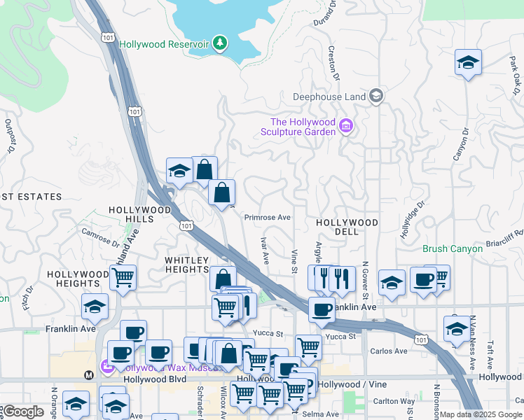 map of restaurants, bars, coffee shops, grocery stores, and more near 6403 Primrose Avenue in Los Angeles