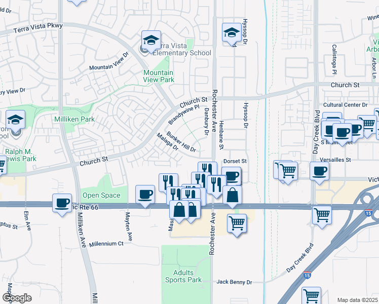 map of restaurants, bars, coffee shops, grocery stores, and more near 11809 Bunker Hill Drive in Rancho Cucamonga