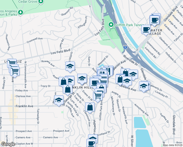 map of restaurants, bars, coffee shops, grocery stores, and more near 2916 Saint George Street in Los Angeles