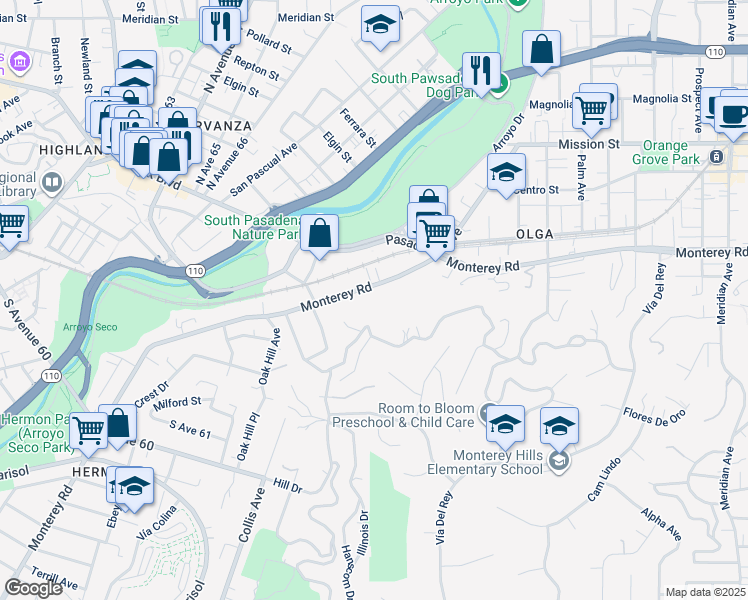 map of restaurants, bars, coffee shops, grocery stores, and more near 185 Monterey Road in South Pasadena