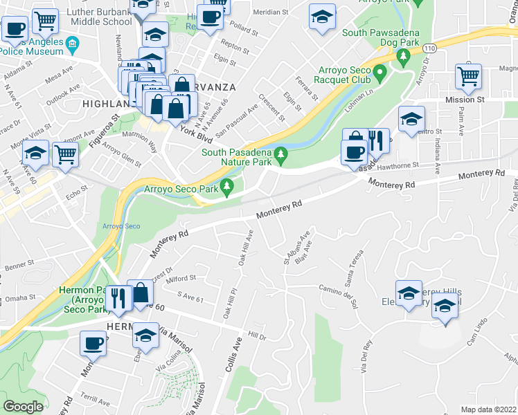 map of restaurants, bars, coffee shops, grocery stores, and more near 130 Monterey Road in South Pasadena