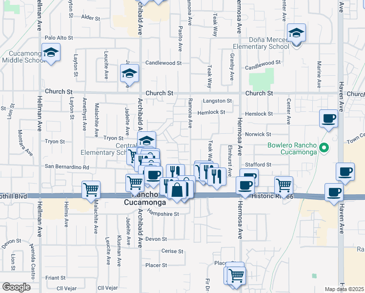 map of restaurants, bars, coffee shops, grocery stores, and more near 9865 Paloma Court in Rancho Cucamonga